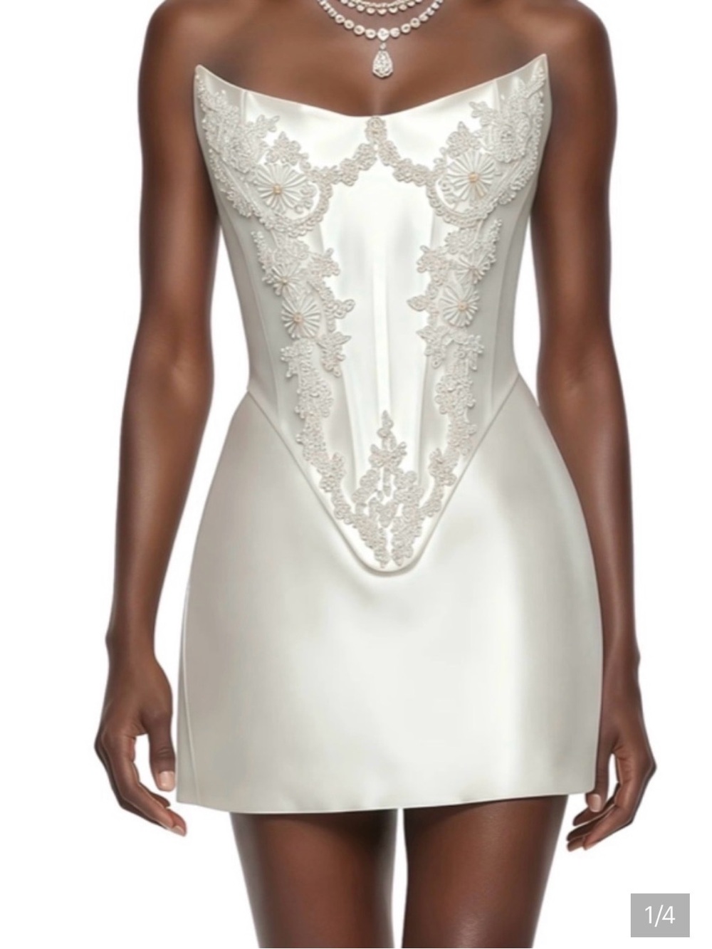 Ivory Strapless Satin Mini Dress with Embroidered Bodice
